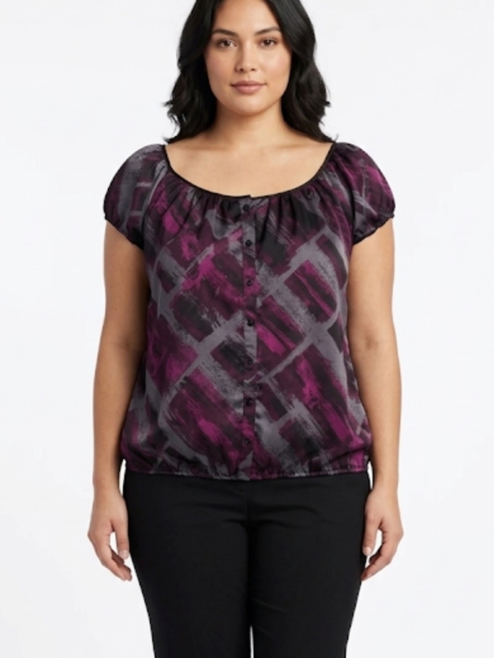 Dynamite Purple Satin Geometric Blouse – Size Small | Statement Print |